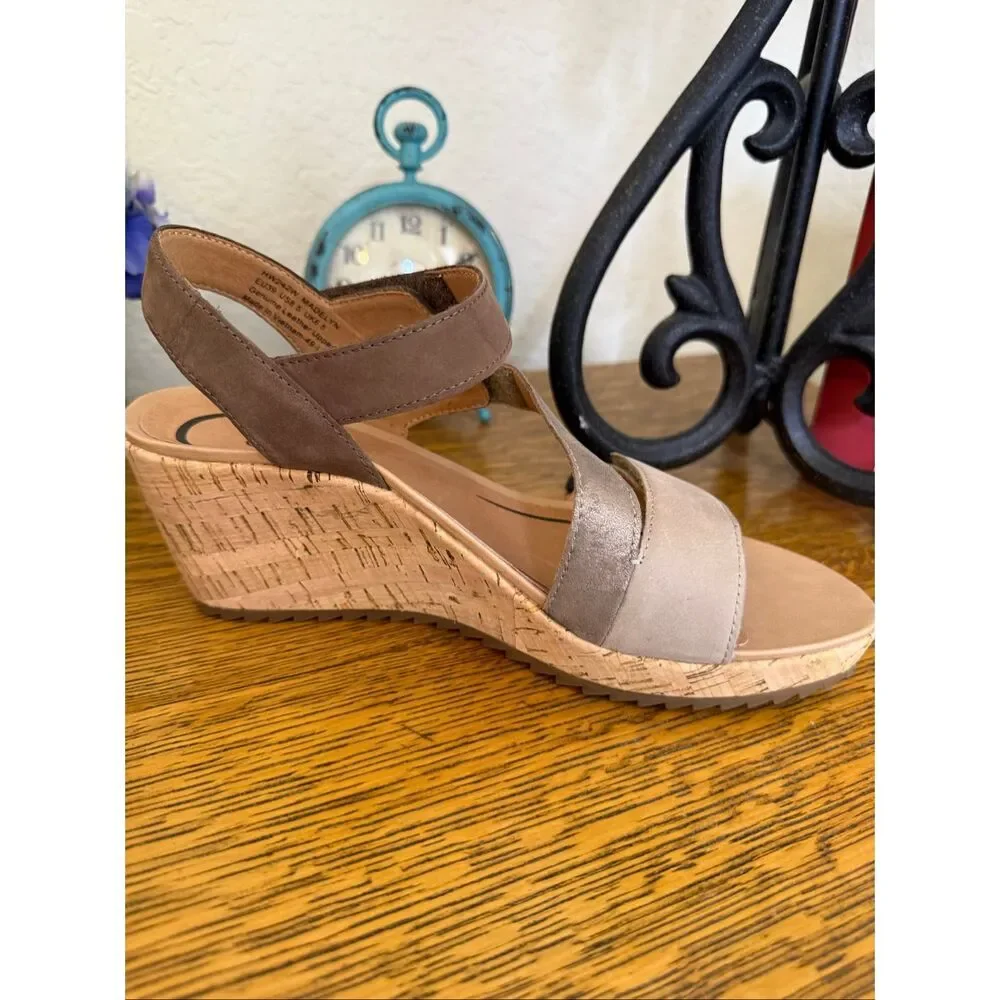 NEW Aetrex Madelyn Quarter Strap Wedge Sandal in Taupe Multi Leather Summer - Picture 4 of 12